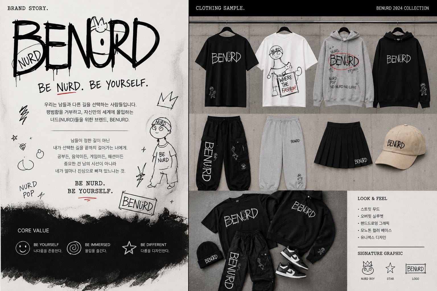디자인 툴로 정리한 BENURD 브랜드 보드 — 브랜드 스토리, 핵심 가치, 의류 시안