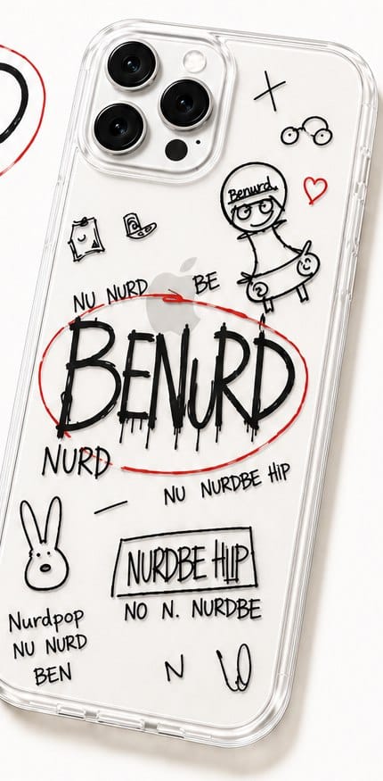 BENURD 폰케이스 시안 — 투명 케이스에 올린 레터링과 캐릭터 낙서