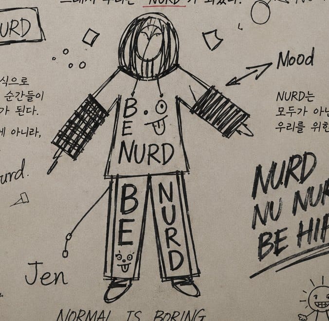 누런 종이에 그린 BE NURD 전신 룩 — 상의와 바지에 글자를 나눠 넣은 스케치