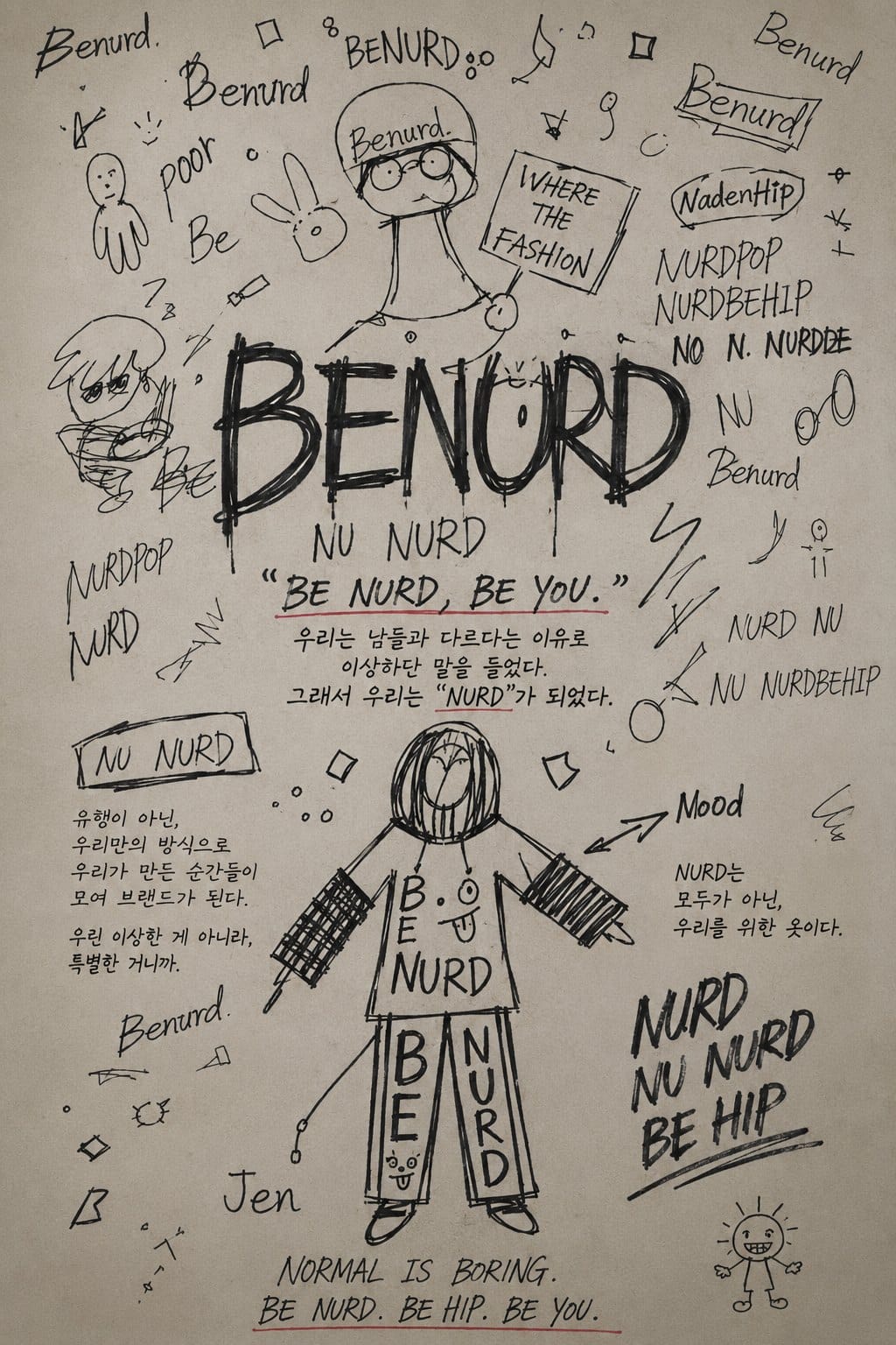 누런 종이에 손으로 그린 BENURD 브랜드 스토리 — 레터링, 캐릭터, 슬로건