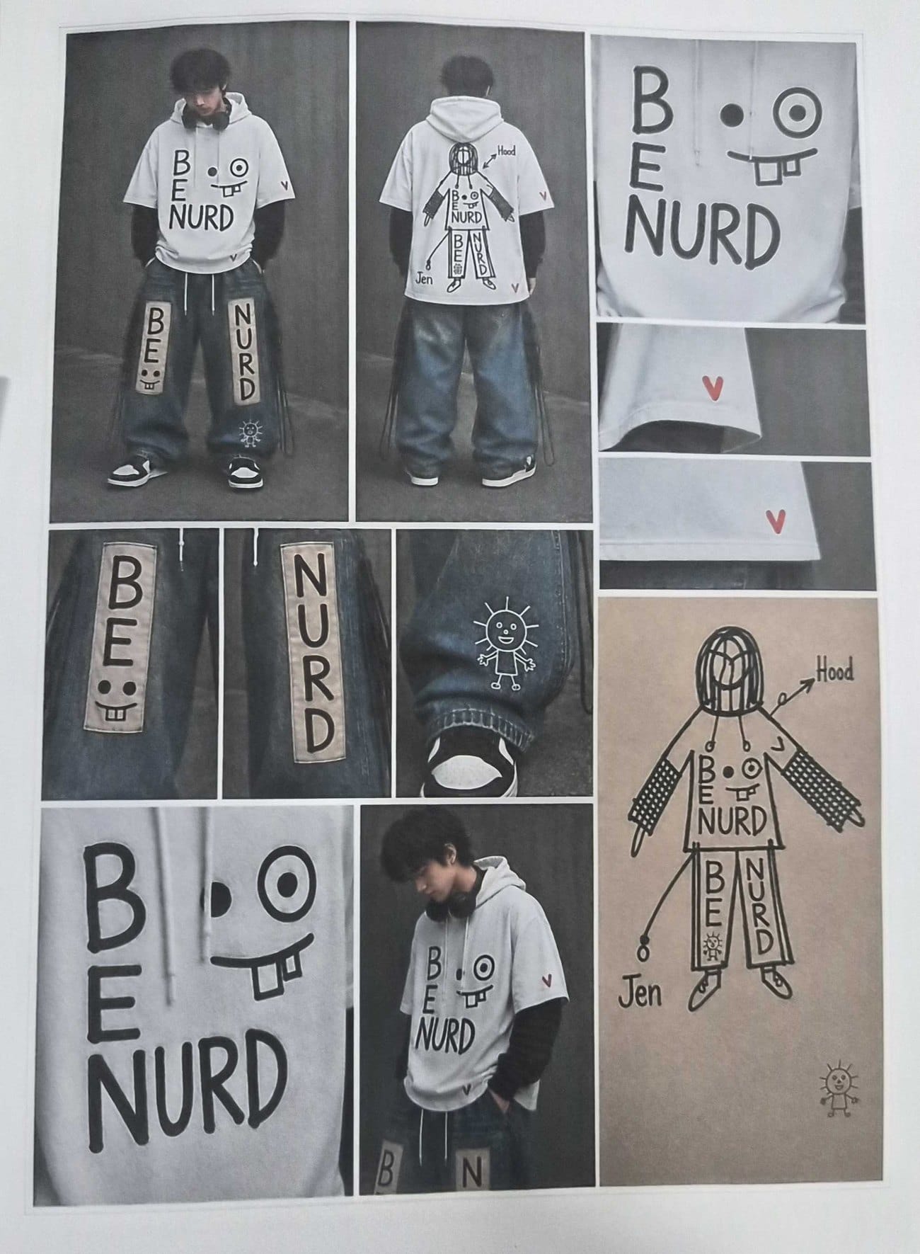 BENURD 룩 시안 — BE NURD 얼굴 그래픽 후드와 BE, NURD 패치를 넣은 팬츠