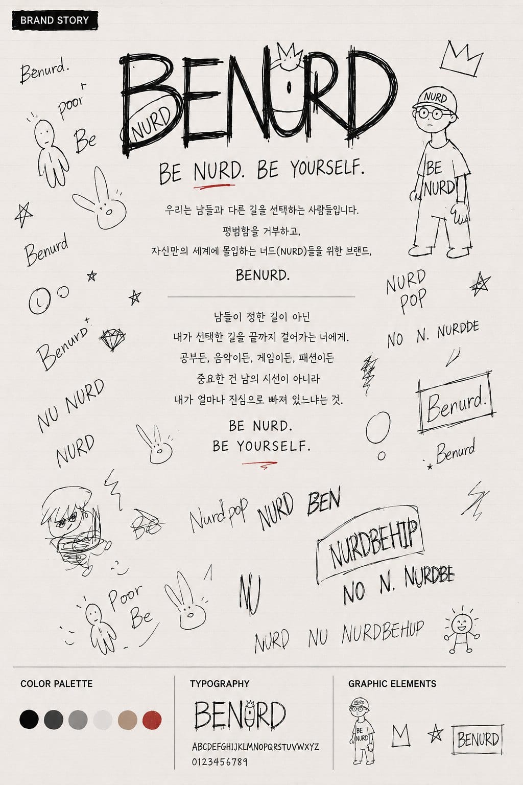 BENURD 브랜드 스토리 정리 시트 — 슬로건, 컬러 팔레트, 타이포그래피, 그래픽 요소