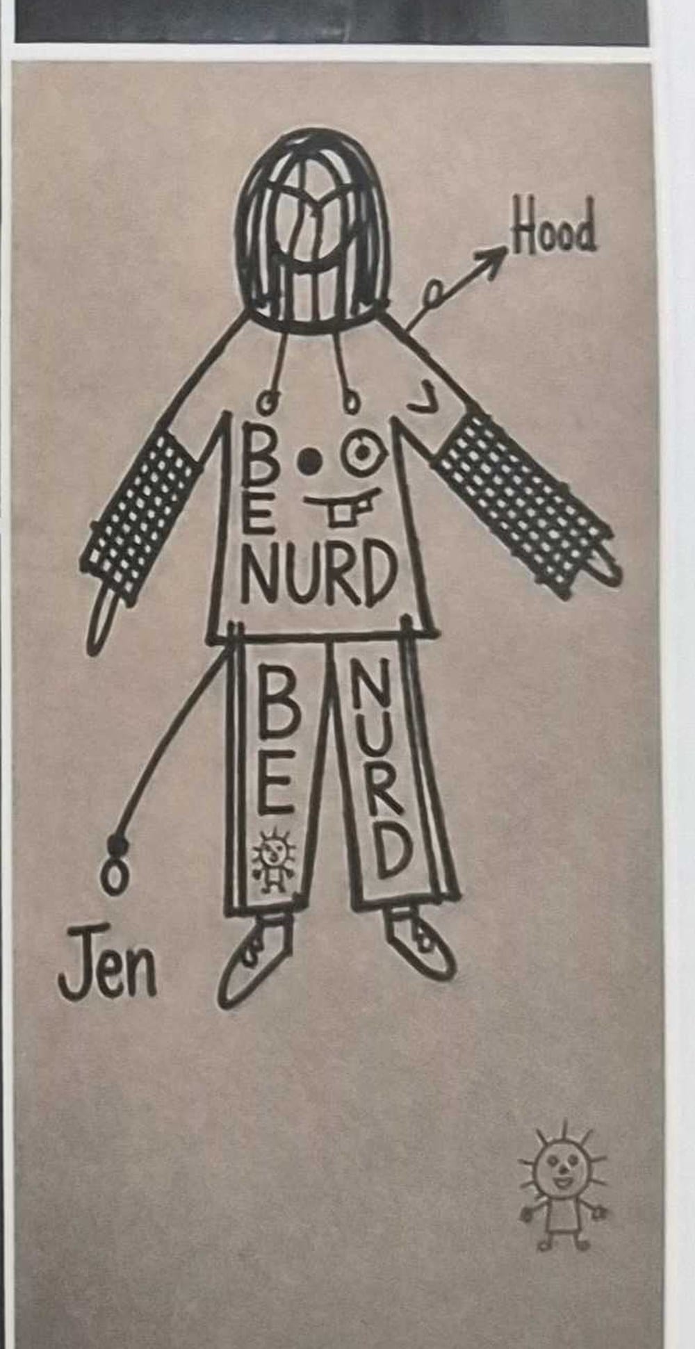 누런 종이에 그린 원본 스케치 — Hood 화살표와 Jen이라고 적힌 전신 그림