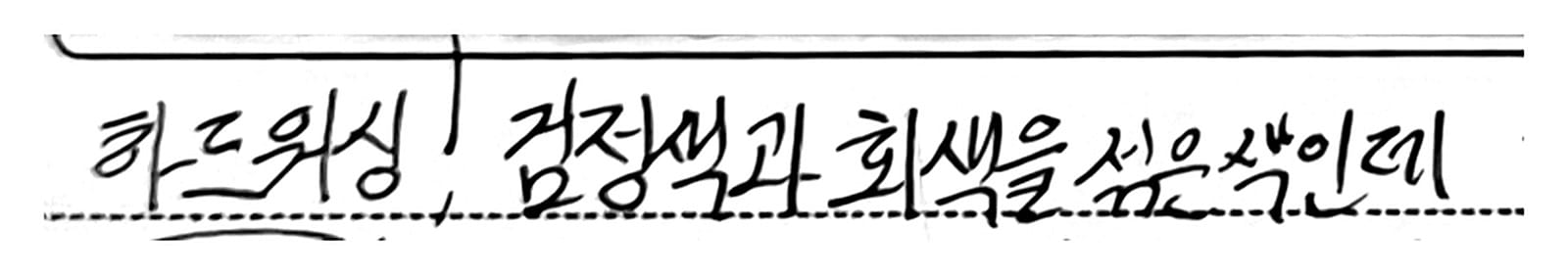 메모 첫 줄 앞머리 — 하드워싱, 검정색과 회색을 섞은색인데 손글씨