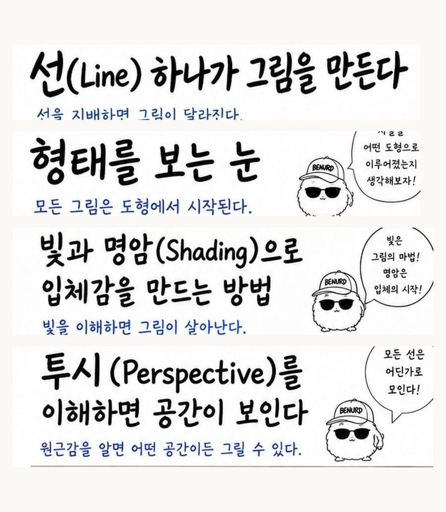 드로잉 연습장 열 장의 제목 — 선, 형태, 명암, 투시 순서