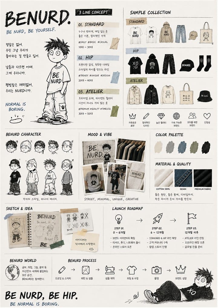 BENURD 남자 캐릭터 브랜드 보드 — 3 LINE CONCEPT, 샘플 컬렉션, 컬러 팔레트, 런칭 로드맵