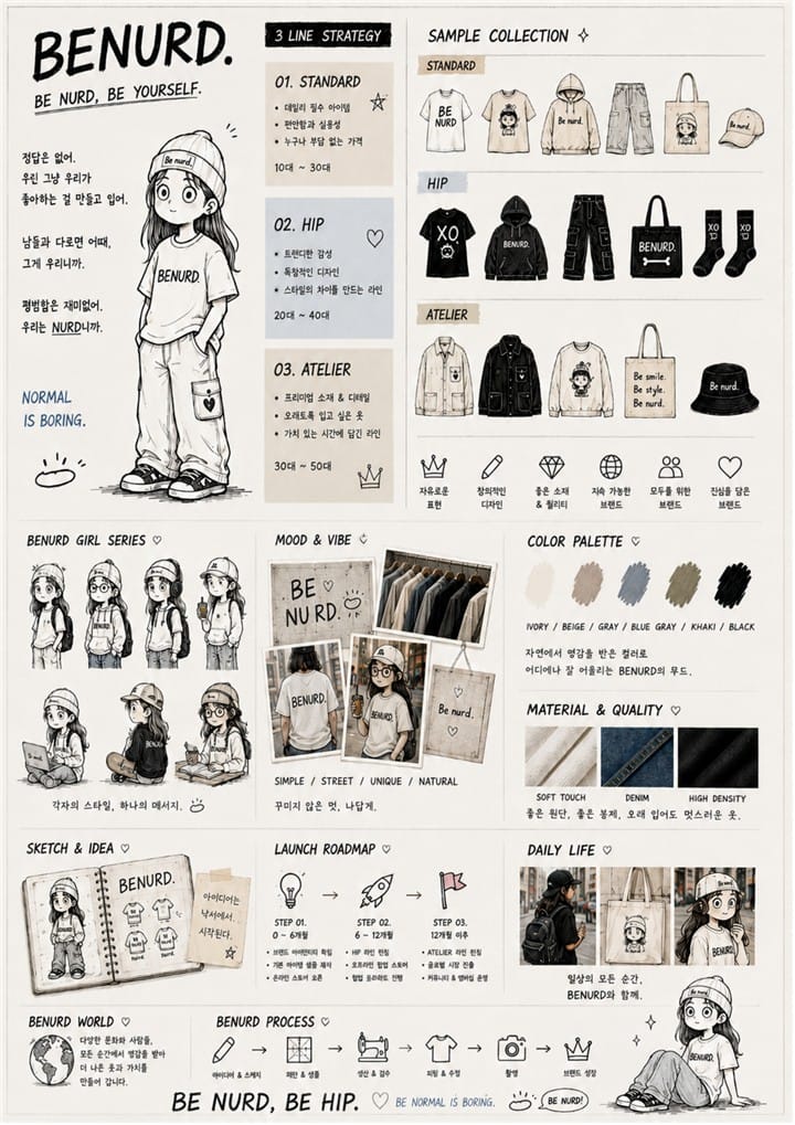 BENURD 여자 캐릭터 브랜드 보드 — 3 LINE STRATEGY, 샘플 컬렉션, 컬러 팔레트, 데일리 라이프