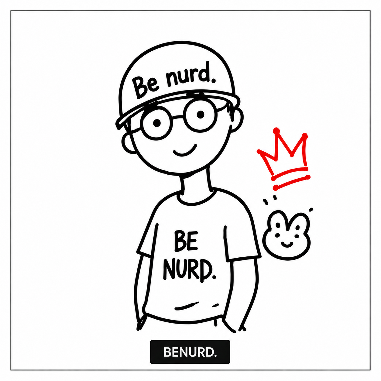 안경을 쓴 예전 BENURD 캐릭터 선화 — 빨간 왕관과 작은 캐릭터 얼굴