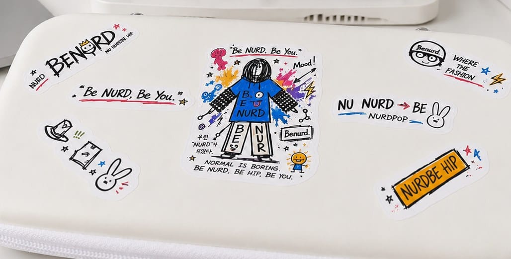 흰 케이스 위에 흩어 붙인 BENURD 스티커들 — BE NURD BE YOU 슬로건과 전신 룩 그림