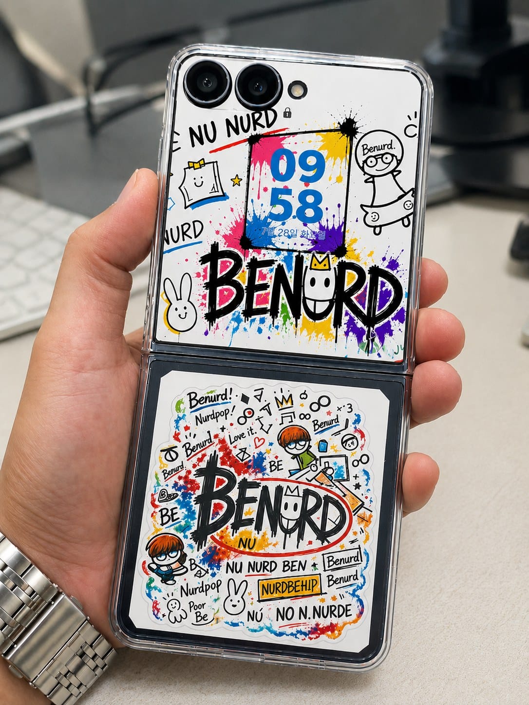 BENURD 스티커를 붙인 폰 — 뒷면에는 오려 붙인 스티커, 커버 화면에는 같은 낙서 배경