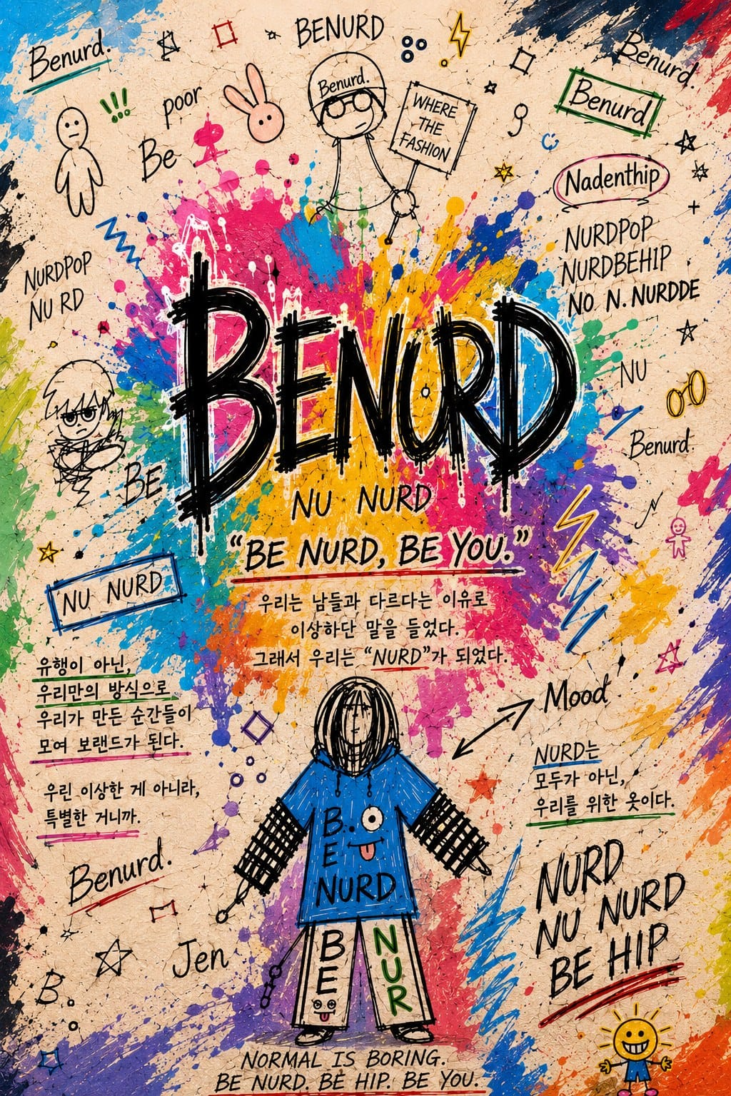 BENURD 배경화면 원본 — 낙서 레터링과 BE NURD, BE YOU 슬로건, 전신 룩 그림