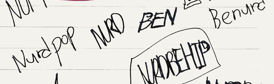 탈락한 브랜드명 후보 손글씨 — NURDPOP, NURD BEN, NURDBEHIP, NU NURD
